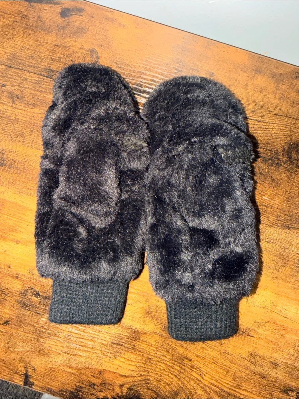 Black Faux Fur Mittens Women’s Plush Winter Gloves Knit Cuff